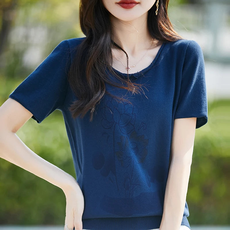 Summer New 100% Cotton Knitted Short-Sleeved Women's Round Neck Color Matching Printed T-Shirt Loose Plus Size Half Sleeve Top