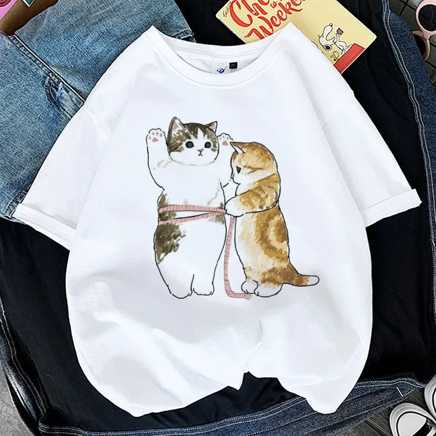 Tops Woman 2024 T Shirt Kawaii Cat Shark Print T-shirt Summer Korean Harajuku Fashion Short Sleeve Tee Funny Animal Graphic Tee