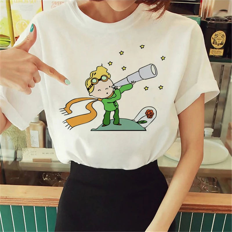 Cartoon T-shirt Anime Printed Pattern Women's T-shirt Rose Pattern Women's T-shirt Round Neck Short Sleeve