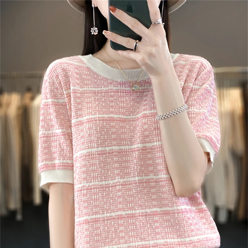 Summer New 100% Cotton Knitted Short-Sleeved Women's Round Neck Color Matching Printed T-Shirt Loose Plus Size Half Sleeve Top