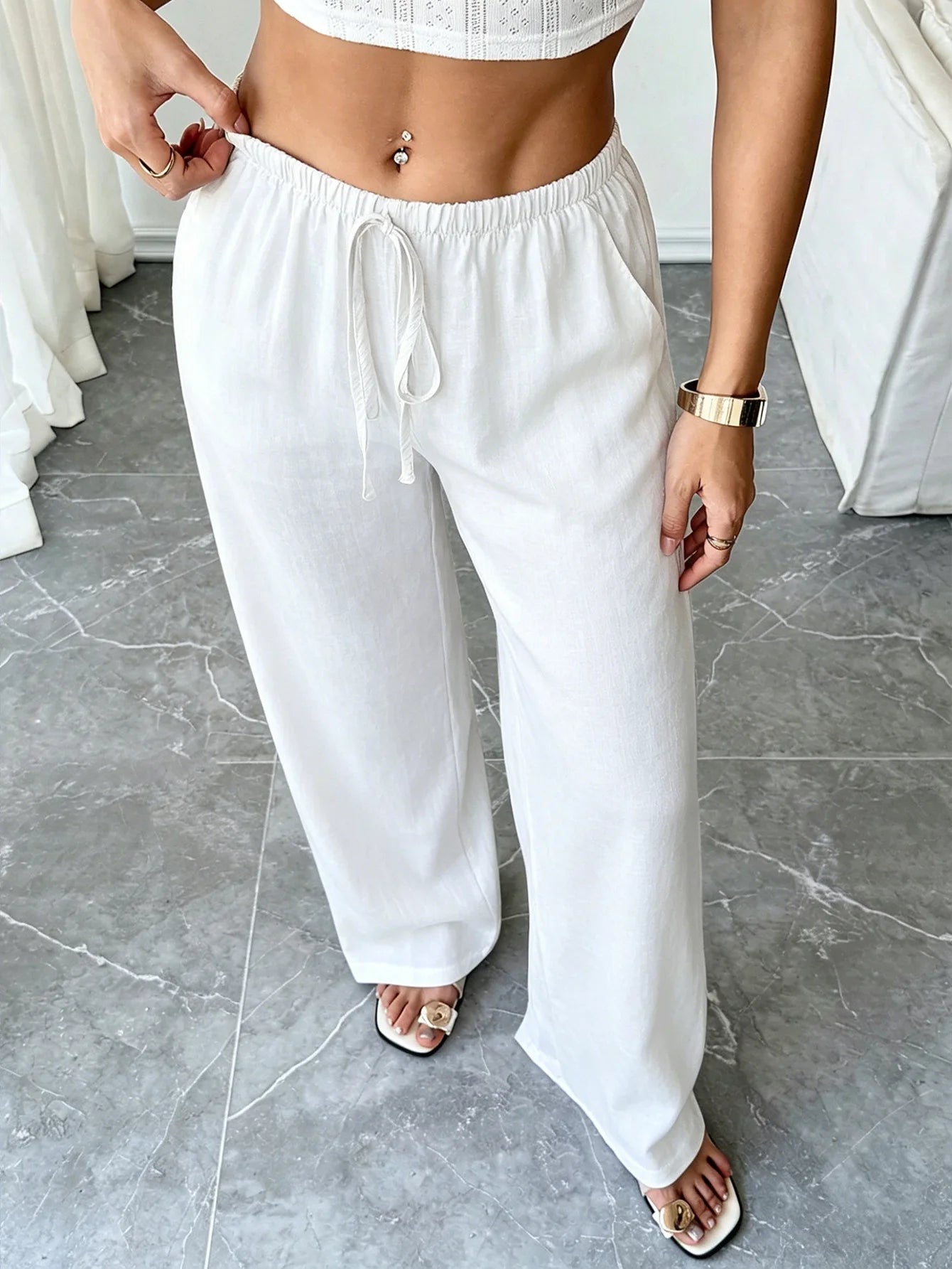Women Summer Linen Wide Leg Pants Drawstring Elastic Waist Trousers, Casual Vacation Summer Clothing Women Trendy Outfit Bottoms