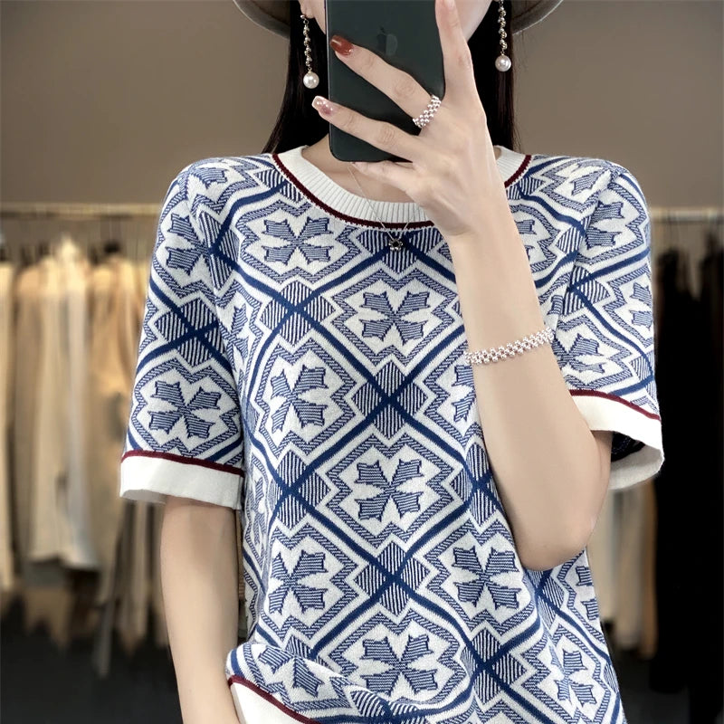 Summer New 100% Cotton Knitted Short-Sleeved Women's Round Neck Color Matching Printed T-Shirt Loose Plus Size Half Sleeve Top