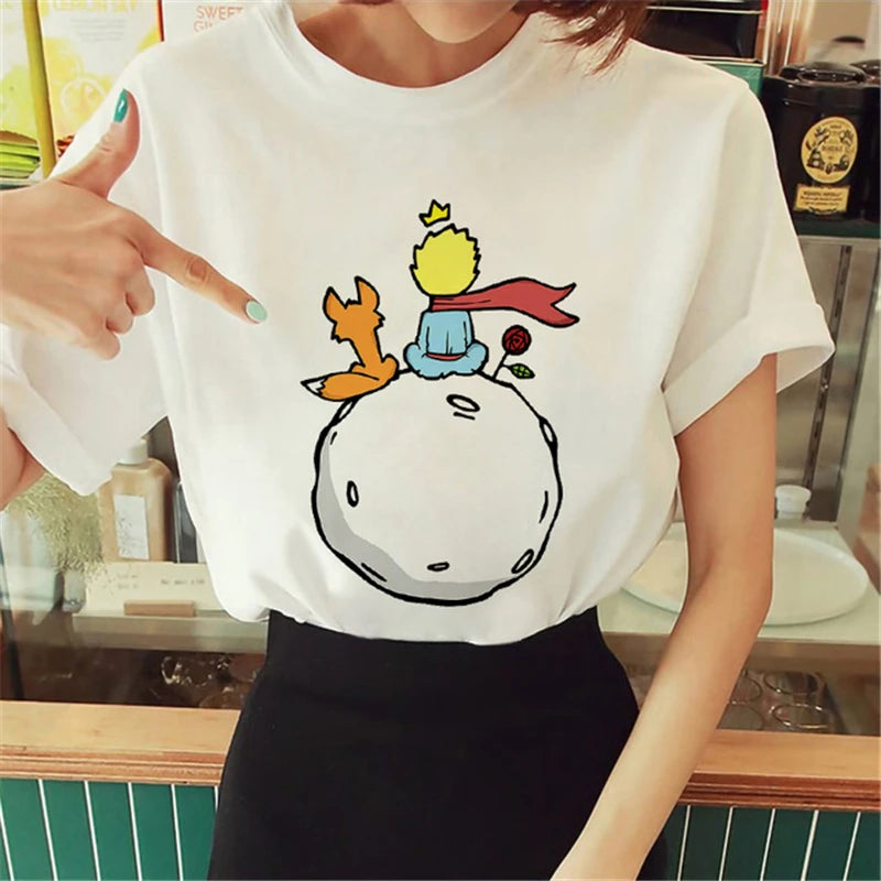 Cartoon T-shirt Anime Printed Pattern Women's T-shirt Rose Pattern Women's T-shirt Round Neck Short Sleeve