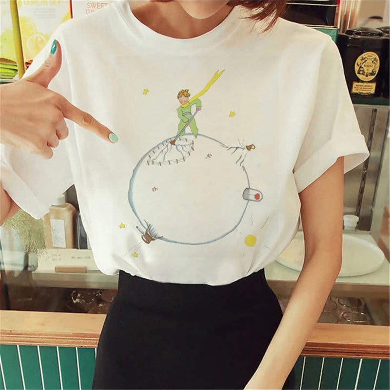 Cartoon T-shirt Anime Printed Pattern Women's T-shirt Rose Pattern Women's T-shirt Round Neck Short Sleeve