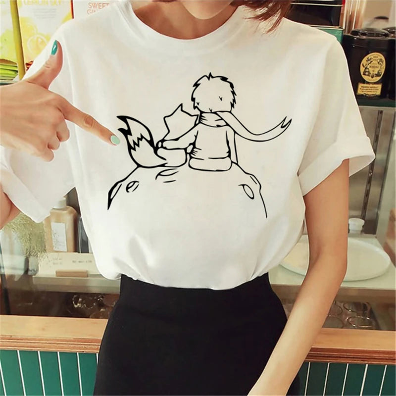 Cartoon T-shirt Anime Printed Pattern Women's T-shirt Rose Pattern Women's T-shirt Round Neck Short Sleeve