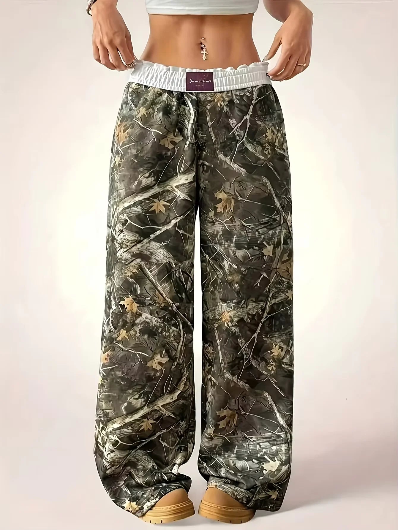 Ladies Casual Camouflage Print Wide-Leg Pants Comfortable Daily Travel Trousers Loose Fit High Waist