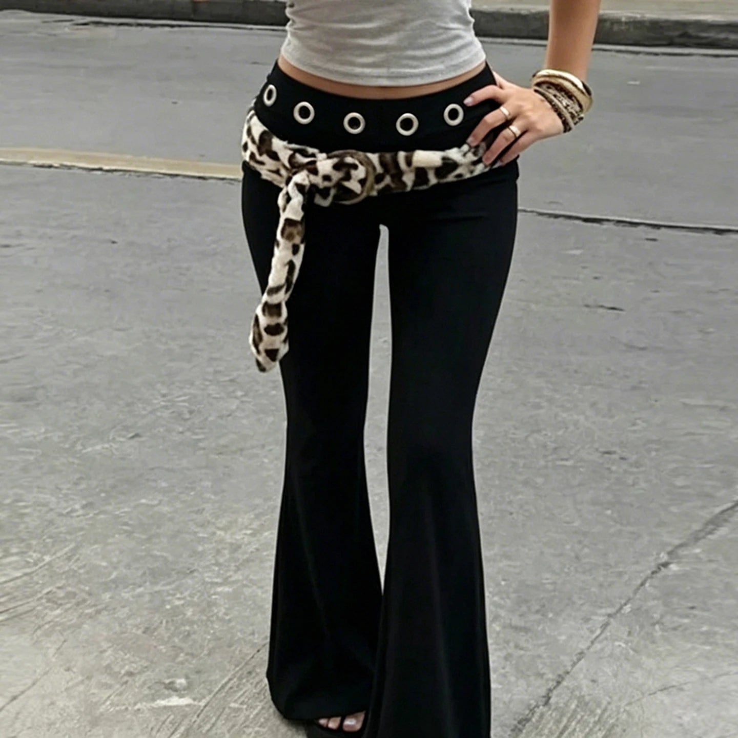 SUCHCUTE Women Low Waist Metal Eyelet Ring Decor Flare Pants Punk Club Streetwear Long Trousers Y2K Slim Bell Bottom Autumn Chic