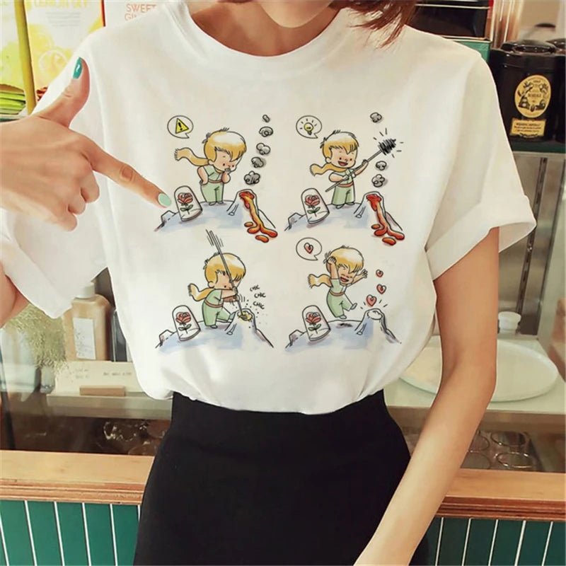 Cartoon T-shirt Anime Printed Pattern Women's T-shirt Rose Pattern Women's T-shirt Round Neck Short Sleeve