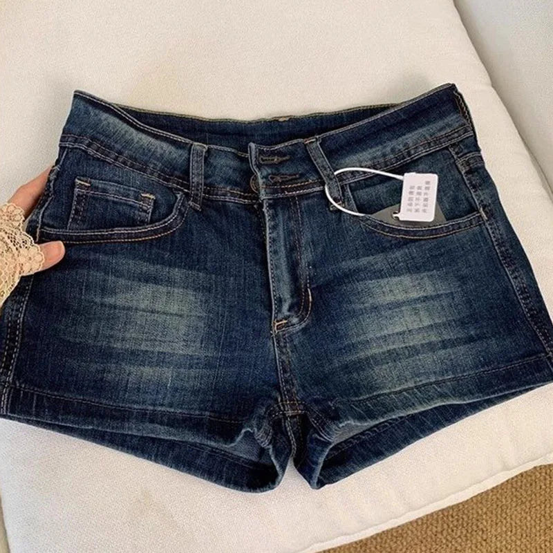 Retro Roll Up Hem Deep Blue Denim Shorts Women Summer Sexy Low...