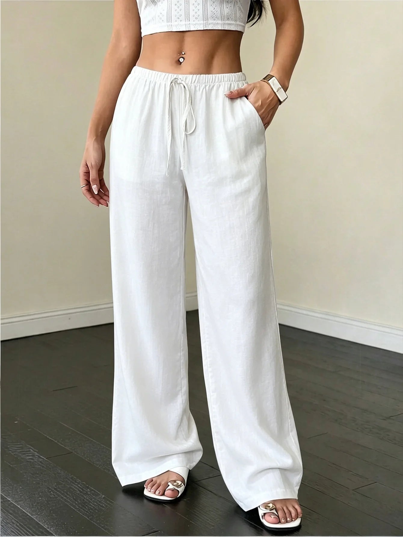 Women Summer Linen Wide Leg Pants Drawstring Elastic Waist Trousers, Casual Vacation Summer Clothing Women Trendy Outfit Bottoms