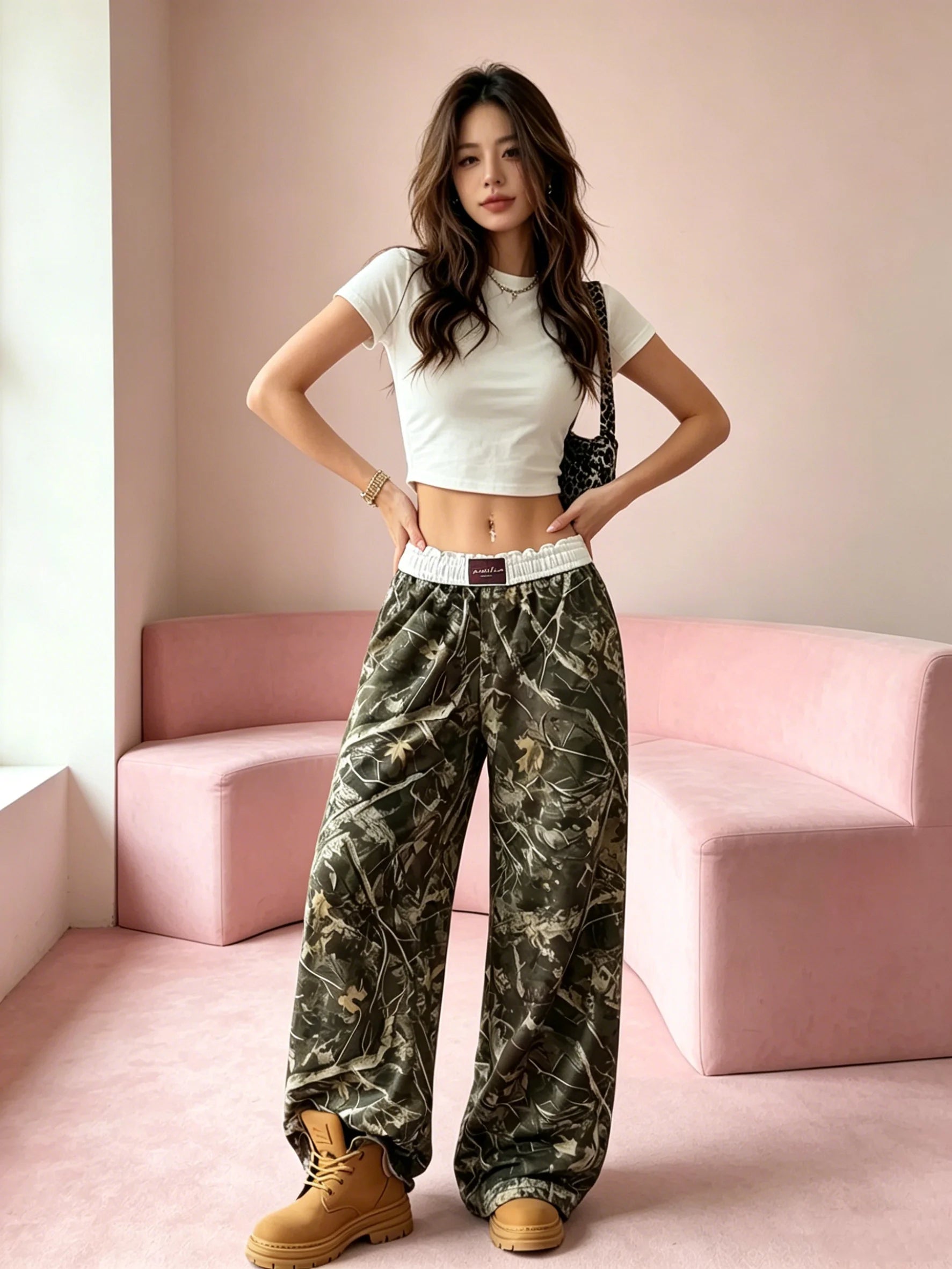 Ladies Casual Camouflage Print Wide-Leg Pants Comfortable Daily Travel Trousers Loose Fit High Waist