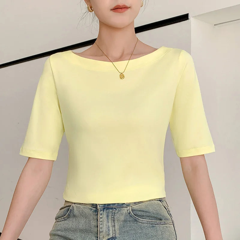 Summer New 100% Cotton Word-Neck T-shirt Women's Short-Sleeved Fashion Bottoming With Solid Color Slimming Top